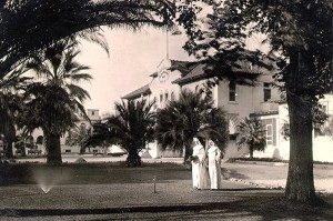 Sisters on the grounds of St. Joseph Hospital in the early days